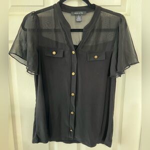 Adele & May, Elegant Black Sheer Blouse with Gold Accents, women’s medium